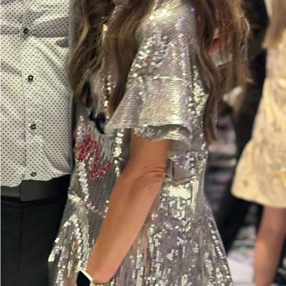 QUEEN OF SPARKLES Silver Sequin Dress with Pink Accents - Picture 3 of 3